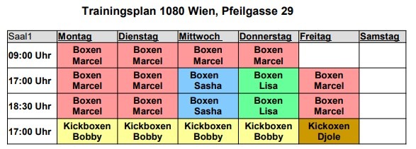 Trainingsplan GarageBoxing Boxclub Wien 1080